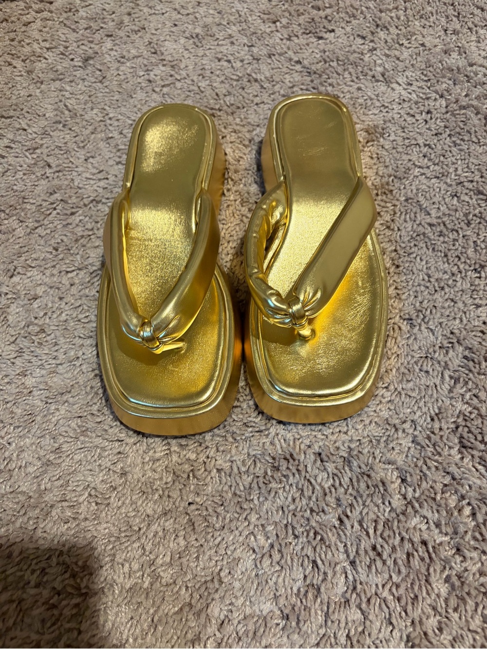 Gold Metallic Square-Toe Thong Sandals - Women's